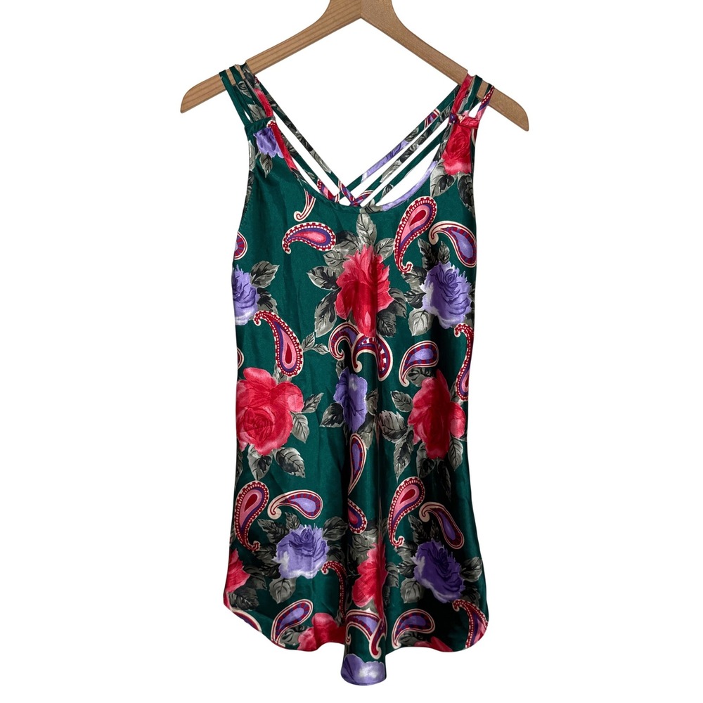 Vintage Nightgown Womens P Green Floral Paisley Satin Slip Dress coquette Y2K